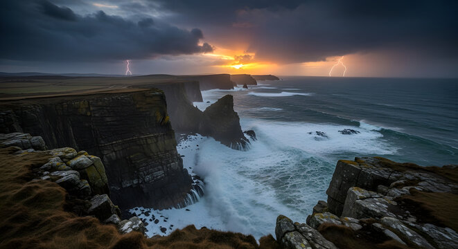 Dramatic Coastal Cliffs and Turbulent Ocean Waves at Sunset Under a Stormy Sky.