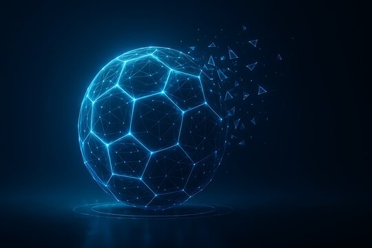 Glowing digital football composed of polygon network, disintegrating into triangular particles on dark futuristic background - Powered by Adobe