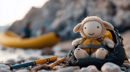A cute plush sheep toy sits in a backpack on a pebble beach, with a yellow raft and blurred figures in the background. The scene is illuminated by soft, warm li