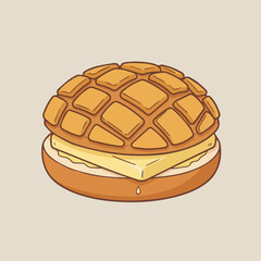  Pineapple Bun with a Slab of Butter
A flat vector illustration of a Hong Kong style pineapple bun (bo lo bao) with a thick slice of butter in the middle. Crisp geometric shapes, golden textured top, 
