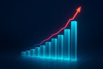 Glowing 3D bar chart with rising red arrow on dark background, concept of strong business growth and financial success