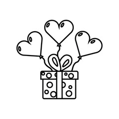 A gift box with three heartshaped balloons attached all in a black outline