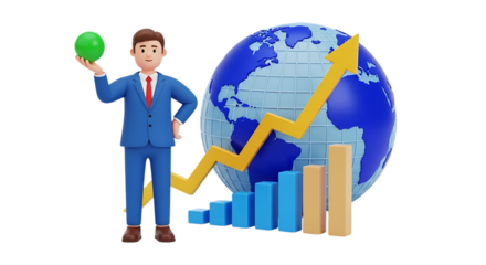 3D businessman stands with green sphere, global data chart showing upward trend on transparent background