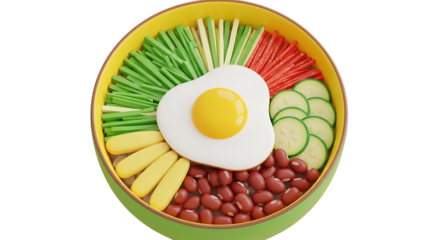 3D stylized bibimbap bowl showcases a sunny side up egg on transparent background