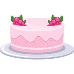 Pixel Art Pink Birthday Cake with Berries and Green Leaves on a White Plate Isolated on Transparent Background