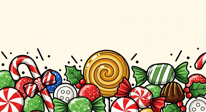 A vibrant illustration of various colorful candies and sweets, including candy canes, lollipops, and wrapped treats, arranged at the bottom of a light background.