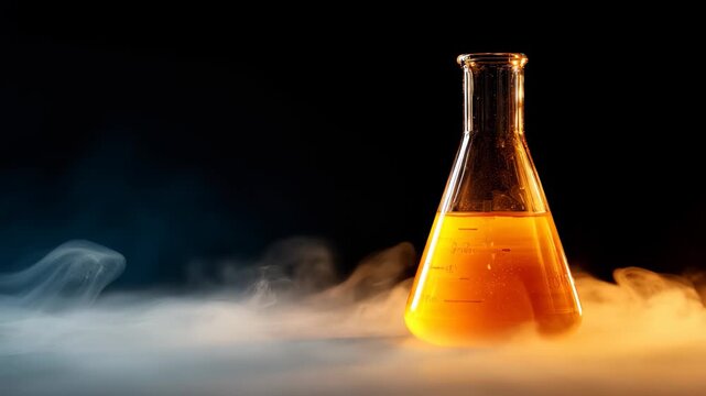 Orange liquid in a laboratory flask with smoke effects creates a mysterious atmosphere during an experiment
