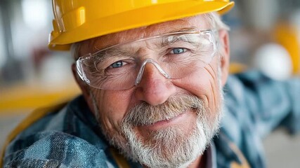 The Builder's Gaze: A close-up portrait of a seasoned builder, radiating confidence and expertise, wearing protective gear, highlighting skill and experience.