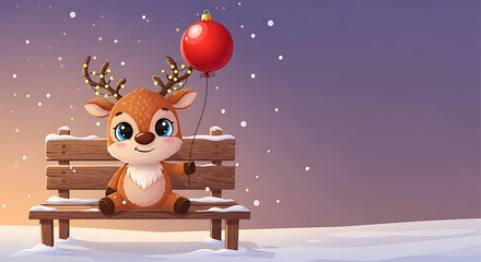 A cute cartoon reindeer with light-decorated antlers sits on a snowy bench, holding a red Christmas ornament balloon as snow falls.