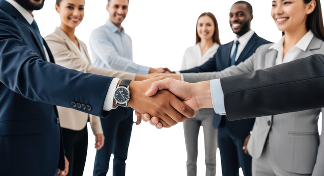 Diverse business team shaking hands isolated on white background