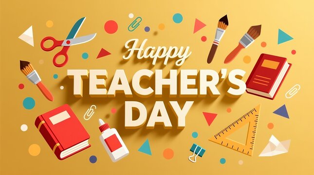 Colorful Happy Teachers Day Greeting with Educational Tools and Creative Elements on Warm Background
