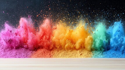 Naklejka premium A vibrant explosion of rainbow-colored powder erupts against a dark background, creating a dynamic and colorful display with a light wooden surface in the foreg