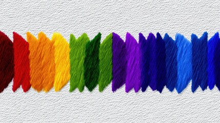 A spectrum of colorful paint or yarn swatches arranged in a line against a textured white surface.