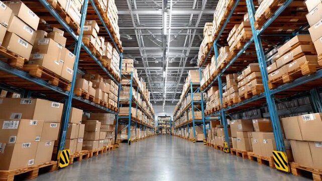 Warehouse Storage: Inside view of an extensive warehouse, showcasing rows of neatly organized shelves laden with packaged boxes. This image captures the essence of efficiency and logistics.
