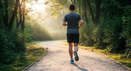 Morning run through a sun-drenched park for fitness and well-being, promoting a healthy lifestyle and connection with nature's beauty and tranquility