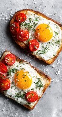 Egg toast w/ cherry tomatoes, herbs on gray backdrop