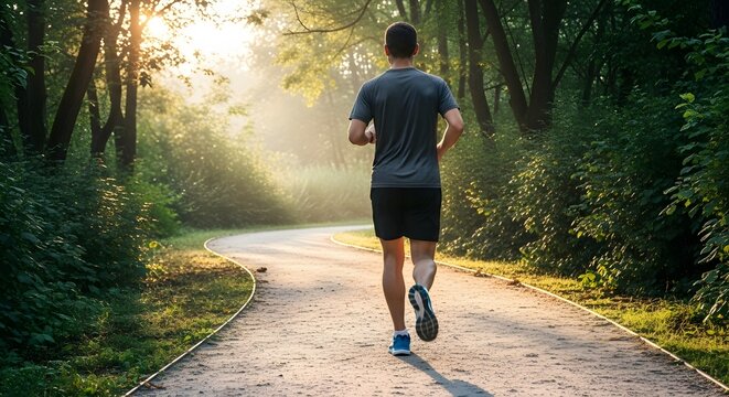Morning run through a sun-drenched park for fitness and well-being, promoting a healthy lifestyle and connection with nature's beauty and tranquility