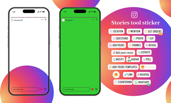 Instagram Story interface badge. Stories tool sticker. Blogging set. Location, mention, avatar, poll, countdown, link, quiz hashtag, music icons. Vector illustration. Transparent and Greenscreen.

