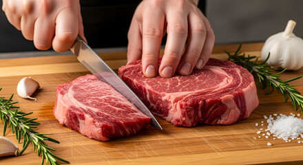 Slicing Fresh Ribeye Steaks on a Wooden Cutting Board with Herbs and Garlic Nearby