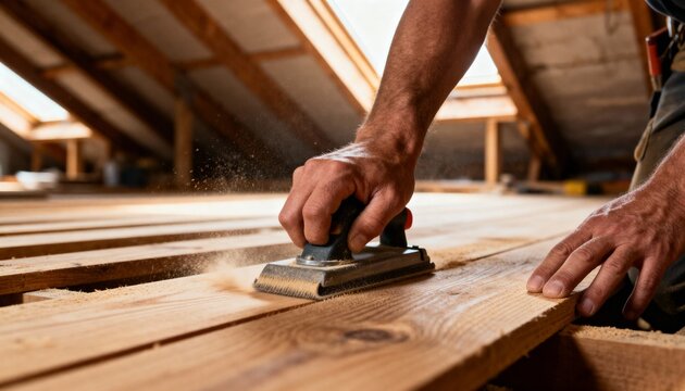 Worker sanding attic floor wood with close-up on hands.