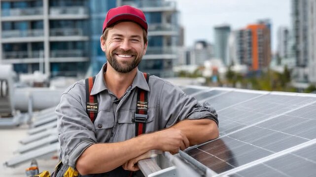 Solar Panel Technician: A skilled technician, equipped with tools, stands confidently beside a solar panel array on a rooftop, symbolizing sustainable energy.