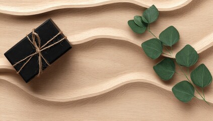 Black gift box and eucalyptus on sculpted wood waves