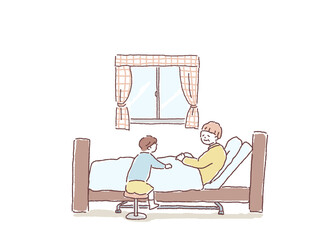 ベッドに寝るおばあさんのそばに座る小さい男の子
