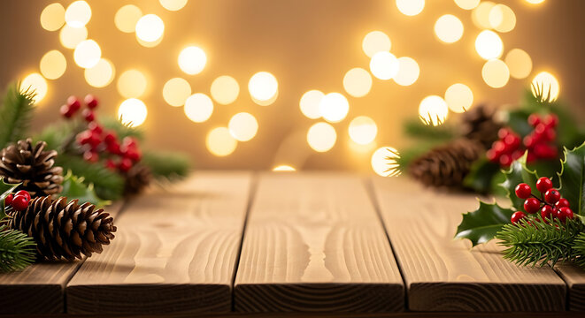 A rustic wooden table adorned with festive Christmas decorations, including pine cones, holly berries, and fir branches, set against a bokeh background of warm, glowing lights.