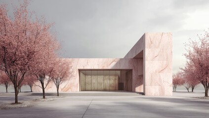 Marble building with pink flowering trees, minimalist style