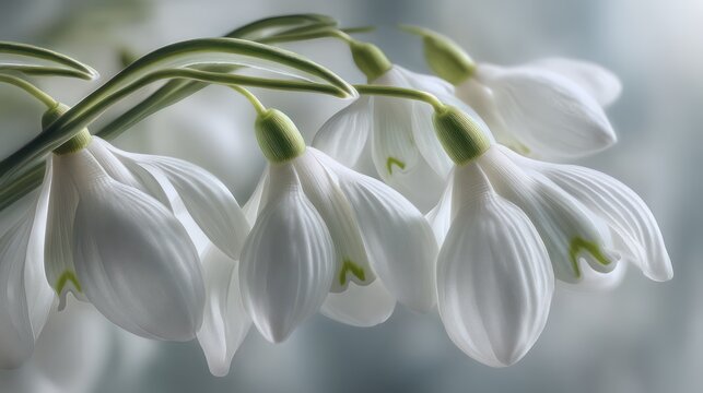 Delicate snowdrops aligned into rhythmic overlapping textures macro capture with pristine detail white petals rendered against softly blurred