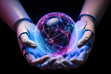 Robotic Hands Holding Glowing Network Globe - Artificial Intelligence & Connectivity