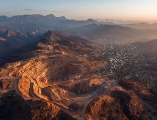 Open pit mine nestles near desert town, hazy mountains