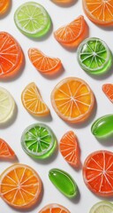 Citrus-slice-shaped candy on white. Light, bright & yummy