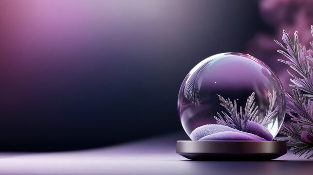 Holographic snow globe with delicate icy foliage and shimmering purple snow creating a modern winter wonderland scene, ideal for holiday and Christmas celebrations
