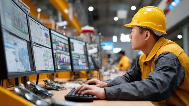 Engineering Precision: A focused engineer, donned in a safety helmet, intently monitors critical data streams on a bank of computer screens.