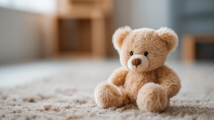 Playful teddy bear cozy home defocused environment soft, childhood memory, photography visualization detail, blurred comforting background, toy concept, warm interface, cl