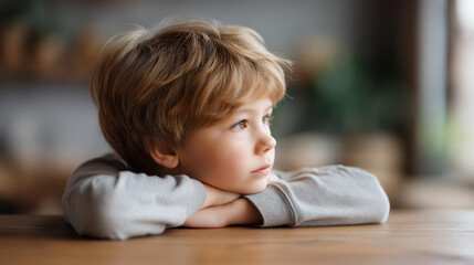 Little kid bored at home defocused indoor setting, child moment, restless visualization detail, blurred domestic background, boredom concept, confinement interface, home d