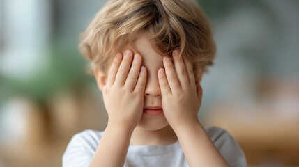 Little kid bored at home defocused indoor setting, child moment, restless visualization detail, blurred domestic background, boredom concept, confinement interface, home d