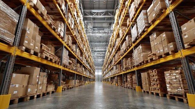 Warehouse Storage: Capturing a meticulous warehouse interior, meticulously organized, displaying efficient storage and logistics, ready for distribution, symbolizing supply chain management.