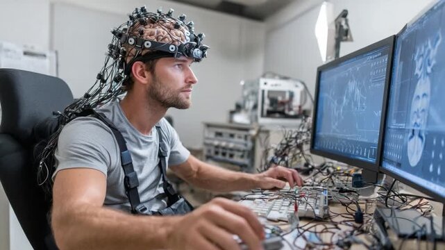 Brainwave Analysis: A scientist intensely concentrates on monitoring brain activity displayed on dual computer screens, delving into the complexities of human cognition.