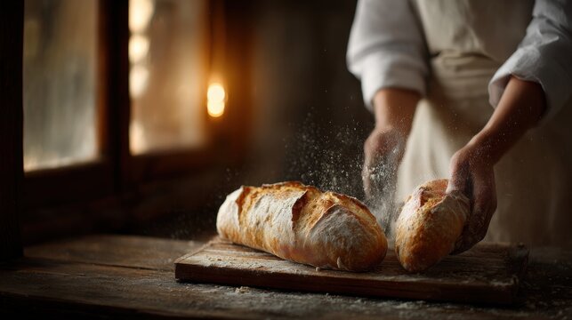 a bakers flour-dusted hands placing a loaf