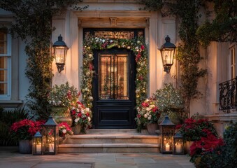 Festive entry black door with holiday greens & warm light