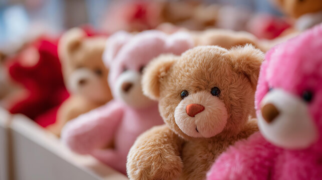 Full frame of teddy bears defocused collection display, plush toys, multiple visualization detail, blurred toy background, childhood concept, collection interface, toy dis