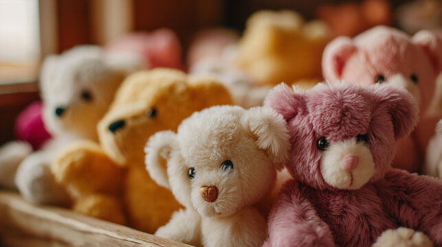 Full frame of teddy bears defocused collection display, plush toys, multiple visualization detail, blurred toy background, childhood concept, collection interface, toy dis