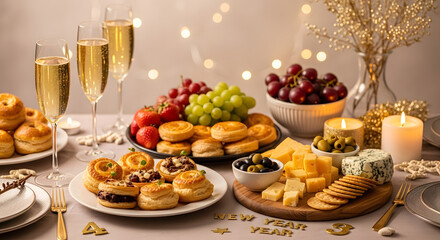 Elegant New Year's Eve feast featuring champagne, fruits, pastries, cheese, and festive holiday decorations.