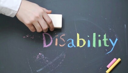 Erasing Disability: Colorful Chalk Word on Blackboard with Hand and Eraser