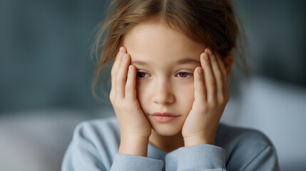 Little girl looking bored holding defocused head with hands, tired child, restless visualization detail, blurred background, exhaustion concept, boredom interface, mood di