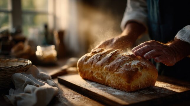 a bakers flour-dusted hands placing a loaf - Powered by Adobe