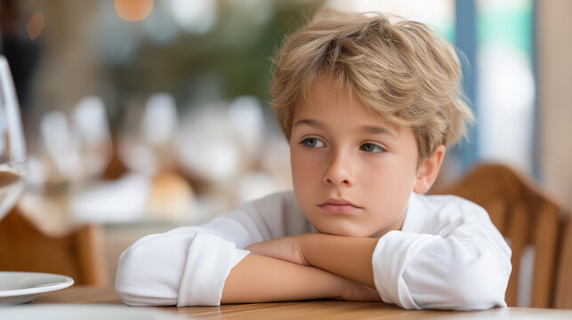 Pensive child feeling boredom at defocused restaurant table, thoughtful boy, daydreaming visualization detail, blurred dining background, lost-in-thought concept, leaning