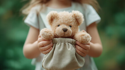 Standing holding teddy bear with defocused both hands, child moment, backpack visualization detail, blurred background, childhood concept, toy interface, holding display,